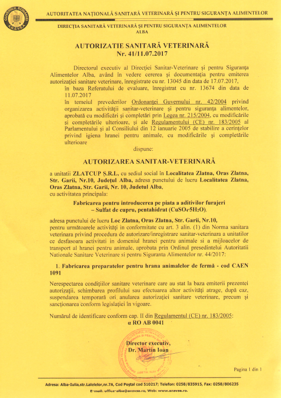 Autorizatie Sanitara Veterinara Zlatcup