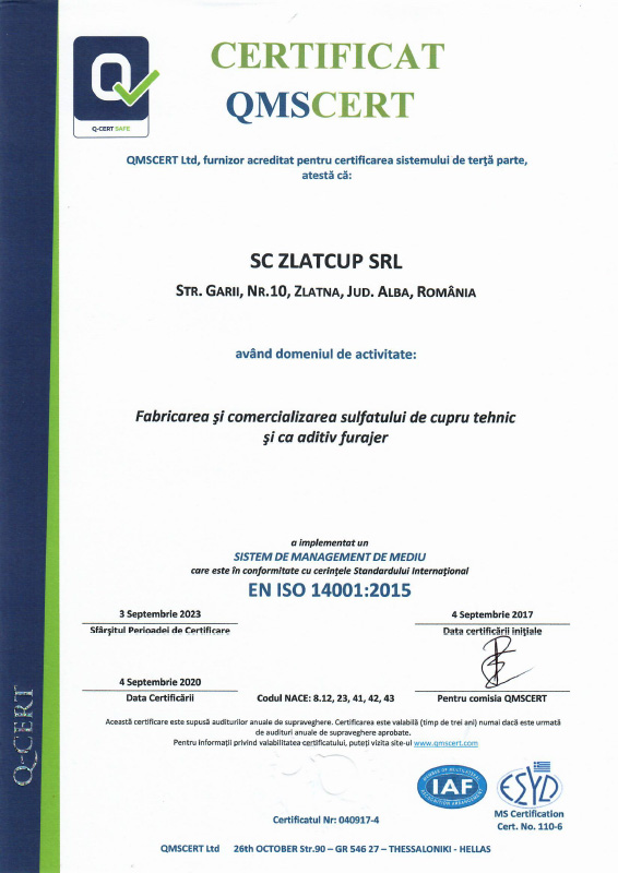 CERTIFICAT ZLATCUP ISO 14001:2015